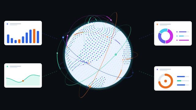 Digital dot globe with data connection arcs, orbit rings and floating analytics charts, global big data network animation, seamless loop 4K flat vector motion graphics, transparent background