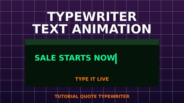 Typewriter text animation with blinking cursor and live typing effect on dark purple grid background motion graphic