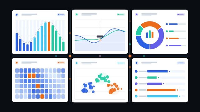 Big data analytics dashboard animation with bar chart, line graph, donut chart, heatmap and scatter plot, data streams between panels, seamless loop 4K flat vector with transparent background
