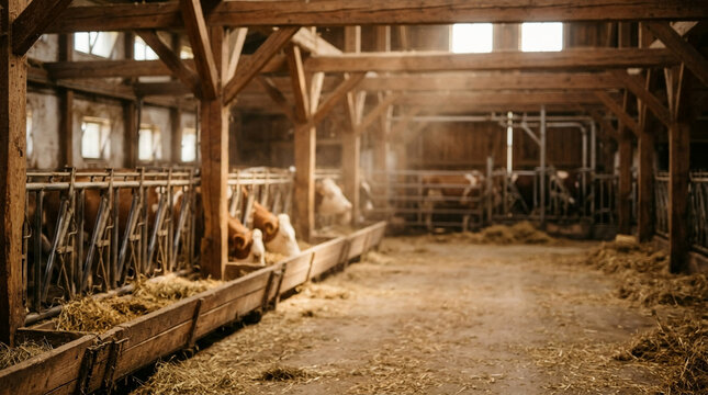Beautiful rustic barn interior with brown cows feeding in stalls, natural sunlight streaming through windows with a soft blur background effect.