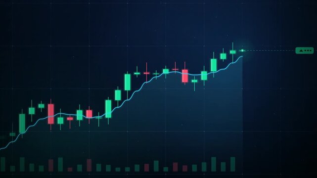 Glowing candlestick chart scrolling and rising on a dark digital grid with moving average line and volume bars. Seamless 4K loop for finance, trading, stock market and crypto.