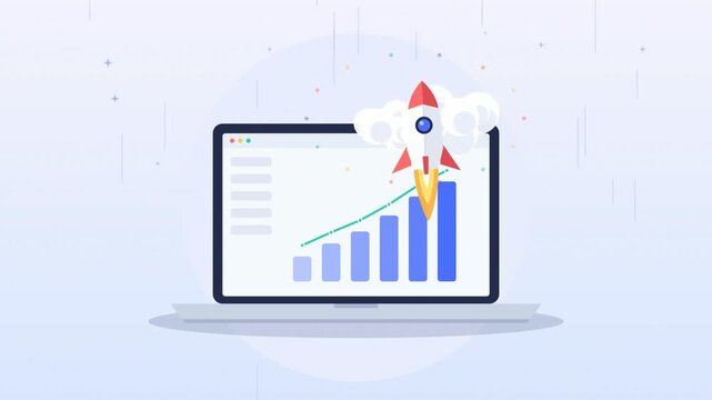 Paper rocket launches out of a laptop screen with smoke puffs above a rising bar chart. Seamless 4K flat loop for startup launch, business growth, success and innovation.