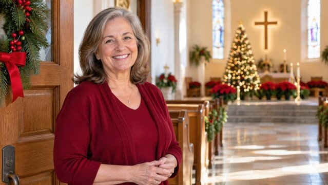 Smiling mature woman in red standing beside decorated church doorway with Christmas tree, nativity season decor, altar, cross, and stained glass windows in a church interior