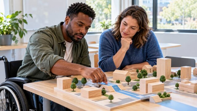 Diverse couple collaborating around an architectural model with miniature trees, roads, buildings, and wooden blocks at a bright indoor table setting