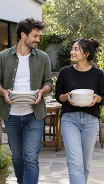Smiling man and woman carrying stacks of ceramic bowls together through a sunlit outdoor patio garden, casual clothing, cultural integration, lifestyle portrait