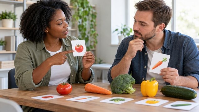 Diverse adults discussing vegetables with illustrated food cards at a kitchen table during a visual nutrition lesson in a bright home interior setting