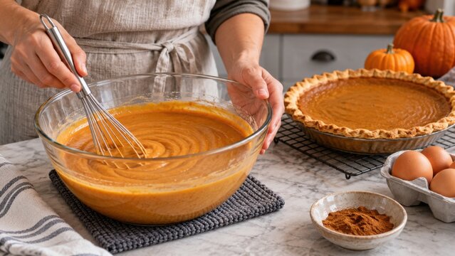 Person whisking pumpkin pie filling in a glass bowl beside a baked pie, pumpkins, eggs, and spices on a kitchen counter, food preparation scene