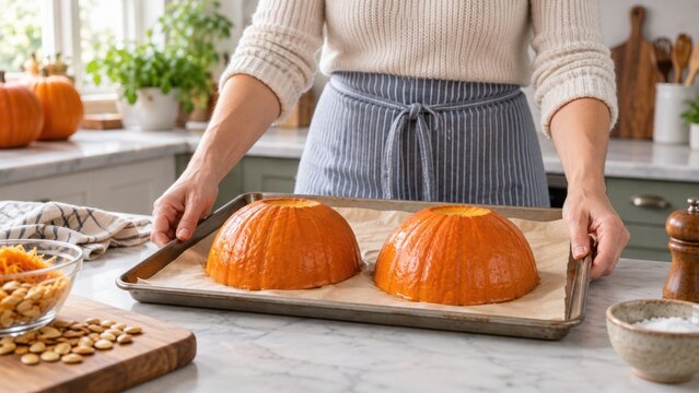 Person holding a baking tray with two roasted pumpkin halves beside seeds, pastry ingredients, kitchen tools, and seasonal decorations in a bright home kitchen setting