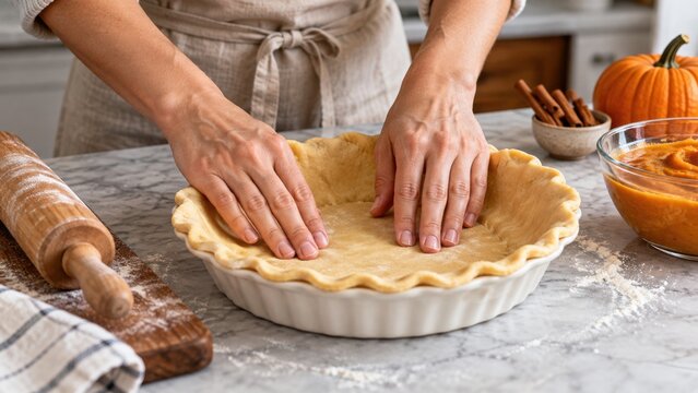 Hands shaping pastry dough in a pie dish beside pumpkin and spices on a marble kitchen counter for homemade pumpkin pie preparation