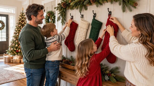 Family hanging colorful Christmas stockings beneath lush evergreen garland beside a decorated tree and wrapped presents in a warmly styled living room
