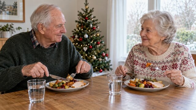 Elderly couple sharing a festive meal at a dining table beside a decorated Christmas tree and bright window in a cozy home interior setting
