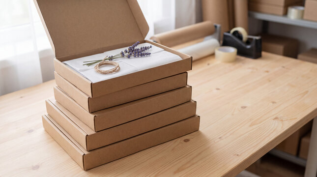 Cardboard shipping boxes with lavender and tissue paper for small business orders and sustainable ecommerce packaging