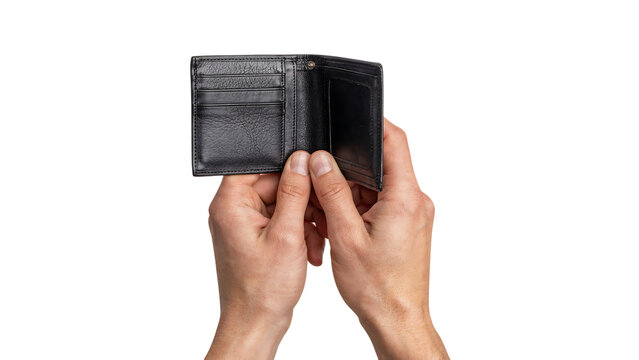 Empty leather wallet held open in hands against a clean studio light for financial concepts Isolated on transparent background
