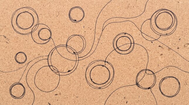 Abstract hand-drawn circles and wavy lines on kraft paper texture, minimalist organic line art pattern, conceptual connection background
