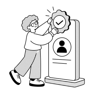 A person presses a large check badge above a profile portrait on a tall identity terminal, leaning forward with one foot raised behind the body.
