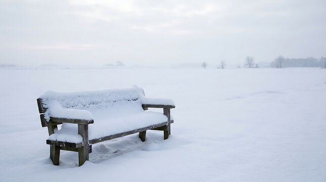 Winter landscape with snow-covered wooden bench, minimalist frozen field under a misty sky, lonely park seat in a white winter wilderness