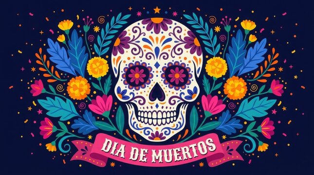 Dia de muertos sugar skull illustration with colorful flowers and decorative patterns on dark blue
