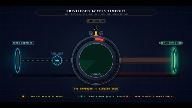 Privileged access timeout interface showing digital security gateway and system route locked