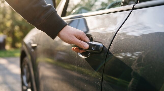 Hand unlocking a gray car door with a key on a sunny day