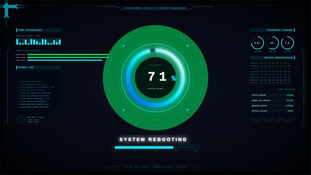 System rebooting interface with blue circular loading progress bar on black background