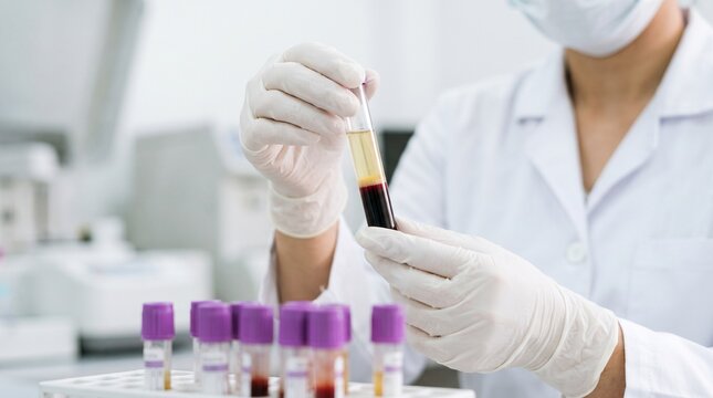 Scientist in protective gear filling test tubes with liquid in a medical laboratory