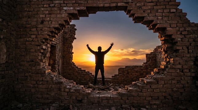 Silhouette of a man with arms raised facing a vibrant sunset through a brick archway