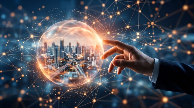Hand holding a glowing orb with a futuristic city and digital network inside