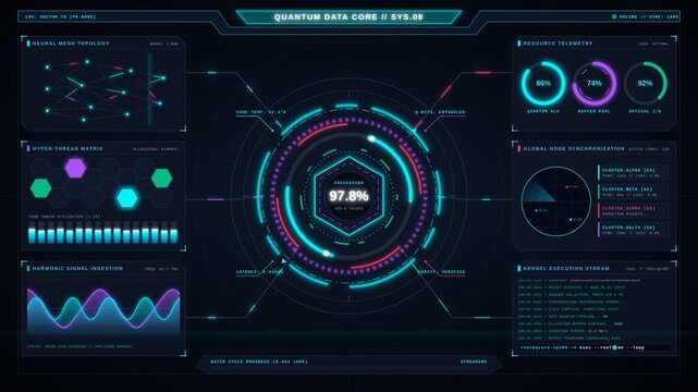 Quantum data core system interface with glowing blue digital charts and graphs