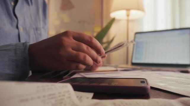 Woman sorts receipts using a calculator to track expenses at home. Budget planning or tax return from home. High quality 4k footage