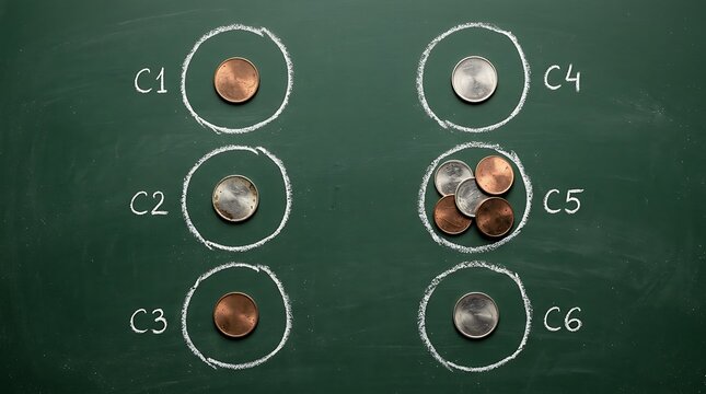 Top down studio photo of coins in chalk circles on a green chalkboard, business concept