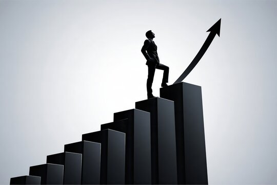 Businessman standing on growth chart arrow pointing up financial success