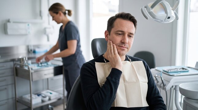 Man having toothache sitting in dental chair with worried expression