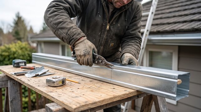 Contractor cutting metal gutter with snips for home renovation project