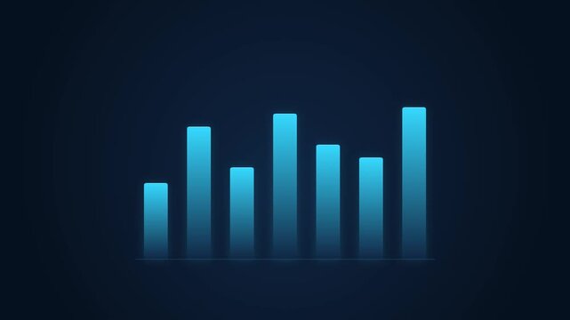 Premium dark corporate motion graphic with seven cyan-blue bars growing sequentially and fluctuating smoothly on a deep navy background, ideal for business analytics and financial data visualization.