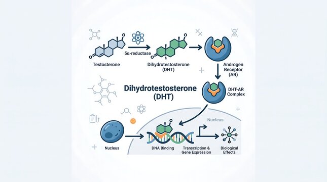 Dihydrotestosterone dht synthesis pathway from testosterone showing androgen receptor complex and gene expression in a clean medical vector illustration
