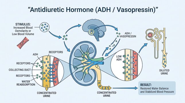 Antidiuretic hormone vasopressin mechanism regulating water balance and blood pressure in human kidney nephron flat vector illustration