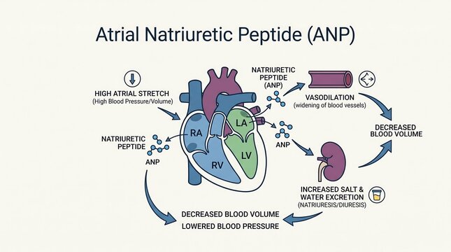 Atrial natriuretic peptide anp mechanism for reducing blood pressure and volume through vasodilation and renal sodium excretion