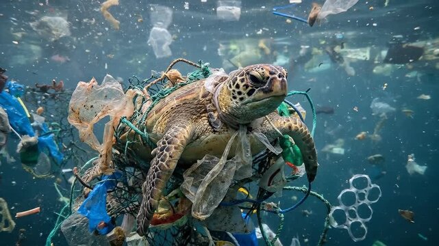 Green turtle trapped amidst extensive plastic trash, aquatic animal enduring severe pollution hazards, ocean environment facing global ecological threat.