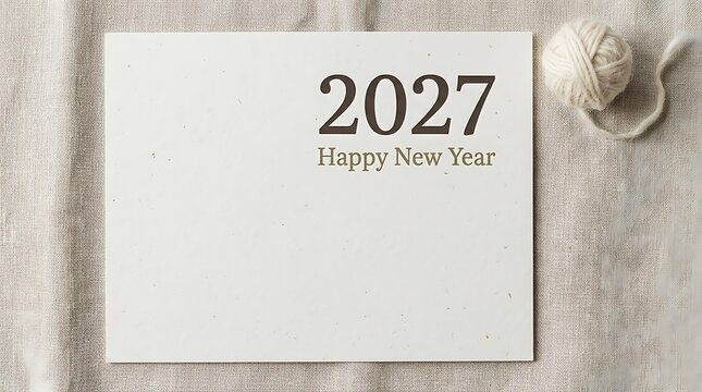 Happy new year 2027 greeting card on rustic burlap background with yarn ball