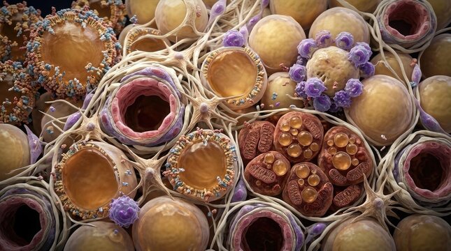 Stem cell niche demonstrating cellular differentiation, regenerative medicine tissue therapy, biology structure containing ribosome organelle with extracellular matrix fiber, genetic growth.