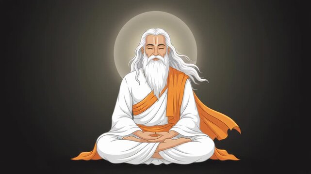 Guru purnima sage meditating deeply, performing lotus yoga pose in white robe with orange cloth, demonstrating spiritual enlightenment before glowing round halo.