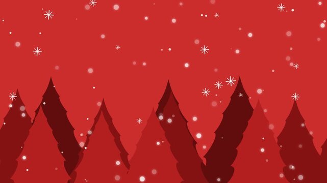 Flat vector animation of white snow falling over red pine tree silhouettes on red background