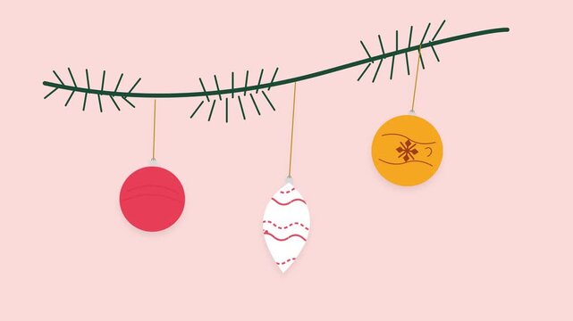 Flat vector animation of colorful Christmas bauble ornaments hanging from a pine branch on pink background