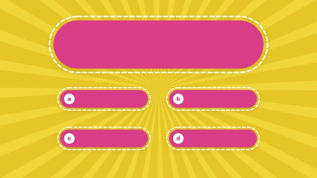 Animated multiple choice quiz template with question box and four options on yellow sunburst background