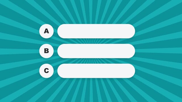 Animated motion graphic template of multiple choice quiz options appearing on radial sunburst background