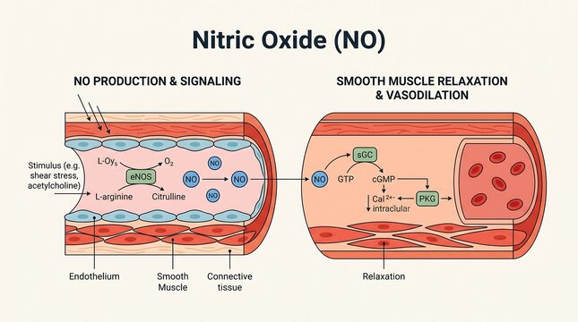 Nitric oxide signaling and vasodilation mechanism in smooth muscle cells medical illustration