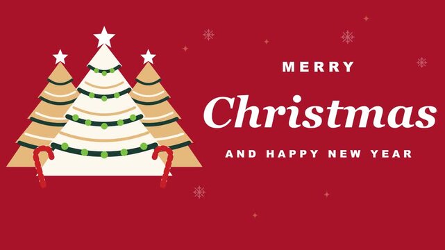 Animated flat vector Christmas trees with holiday greeting text and candy canes on red background