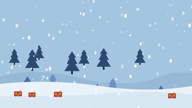 Flat vector animation of snow falling over a winter landscape with pine trees and small houses