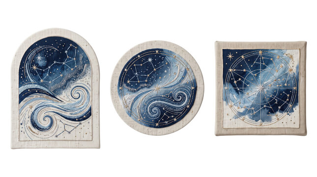 Three decorative wall panels featuring celestial constellations and swirling blue watercolor nebula patterns isolated on a transparent background