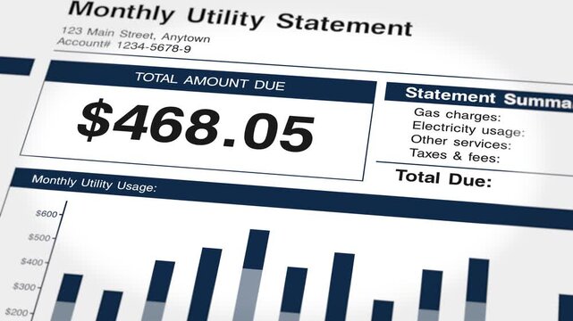 Monthly utility statement closeup of Total Amount Due with running numbers. Rising inflation, utility bill, monthly utility usage, overdue, monthly budget, tax, gas, electricity charges. 4k footage